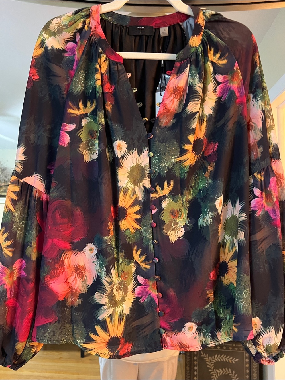 Tahari ASL Black Floral Button-Front Blouse with Multicolor Flowers